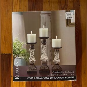 Kirklands Set of 3 Cream/Gold Swirl Candle Holders